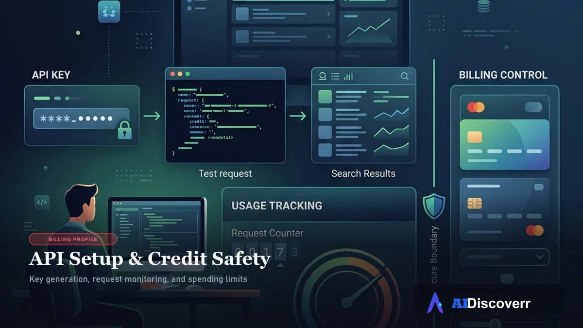 Brave Search API Setup, API Keys, Usage Credits, and Billing Brave Search API setup and billing illustration showing usage credit monitoring and virtual card limits