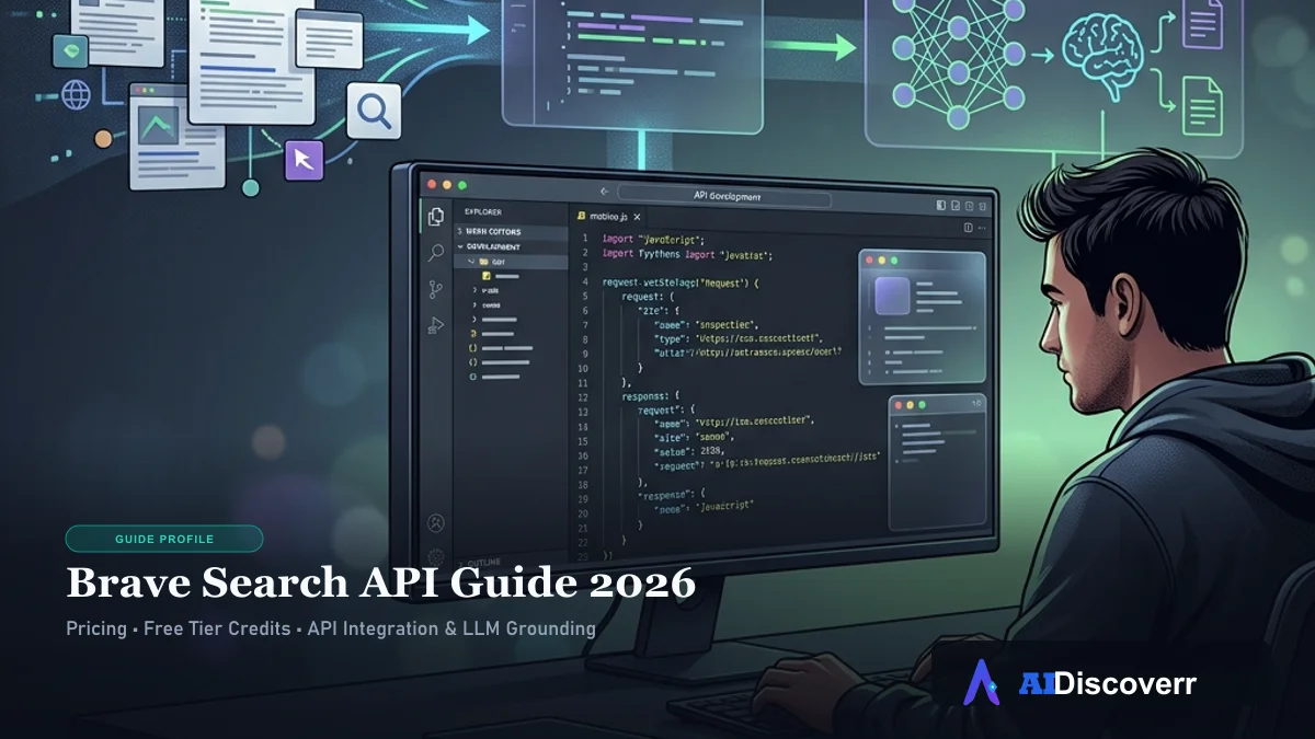 Brave Search API Guide 2026 — Pricing, Free Tier, and Setup Brave Search API guide showing a developer workstation integrating an independent search index with an AI application