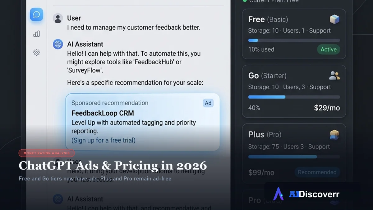 ChatGPT Ads & Pricing in 2026 ChatGPT Ads & Pricing in 2026 — Free and Go tiers now have ads; Plus and Pro remain ad-free