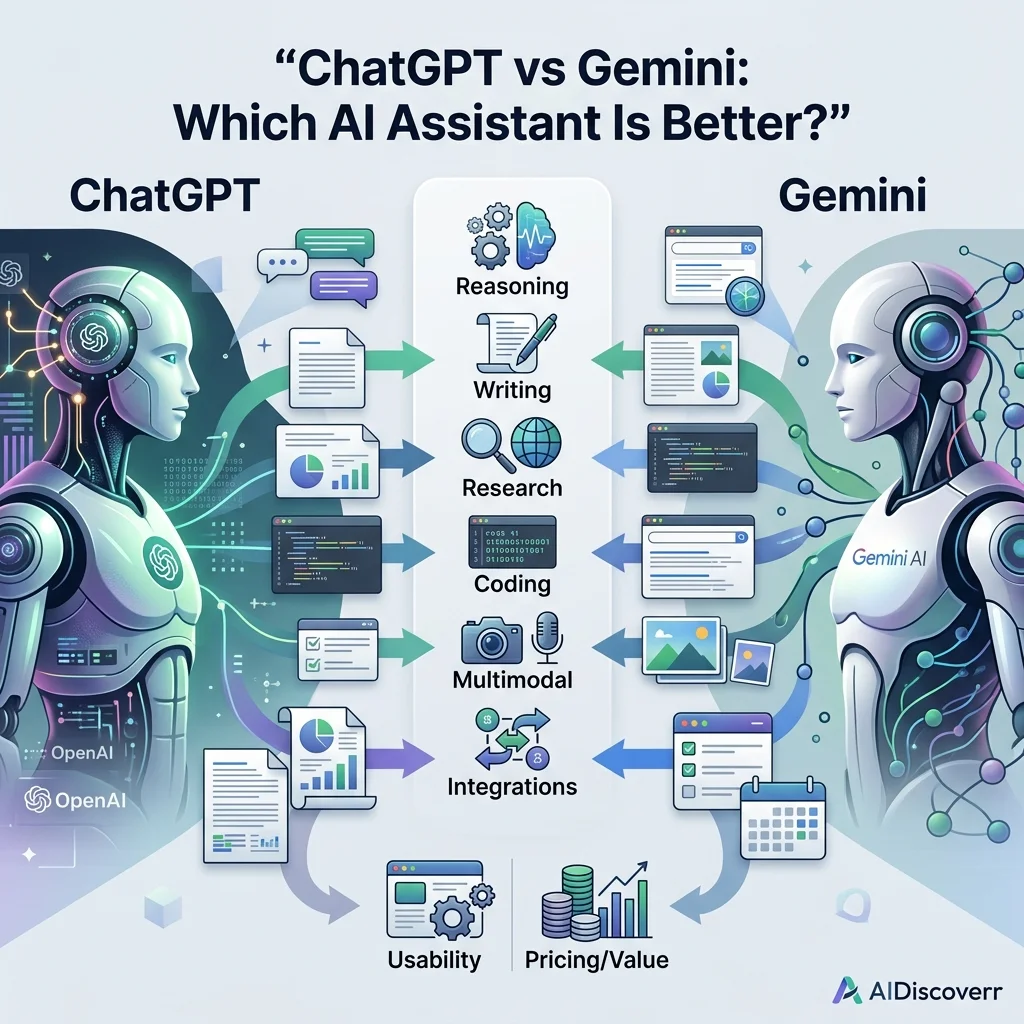 ChatGPT vs Gemini Hero Comparison ChatGPT vs Gemini comparison Hero Illustration — Showing a balanced layout of decision factor categories like reasoning, writing, coding, and ecosystem integrations