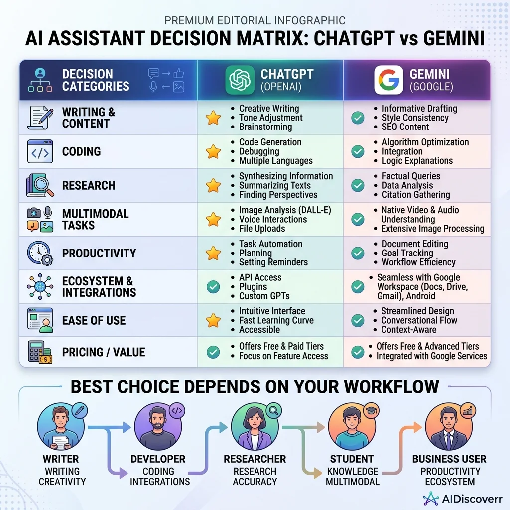 ChatGPT vs Gemini Decision Matrix Infographic ChatGPT and Gemini Decision Matrix Infographic — Visualizing how writing, coding, research, multimodal tasks, and ecosystem options connect to different developer and writer workflows