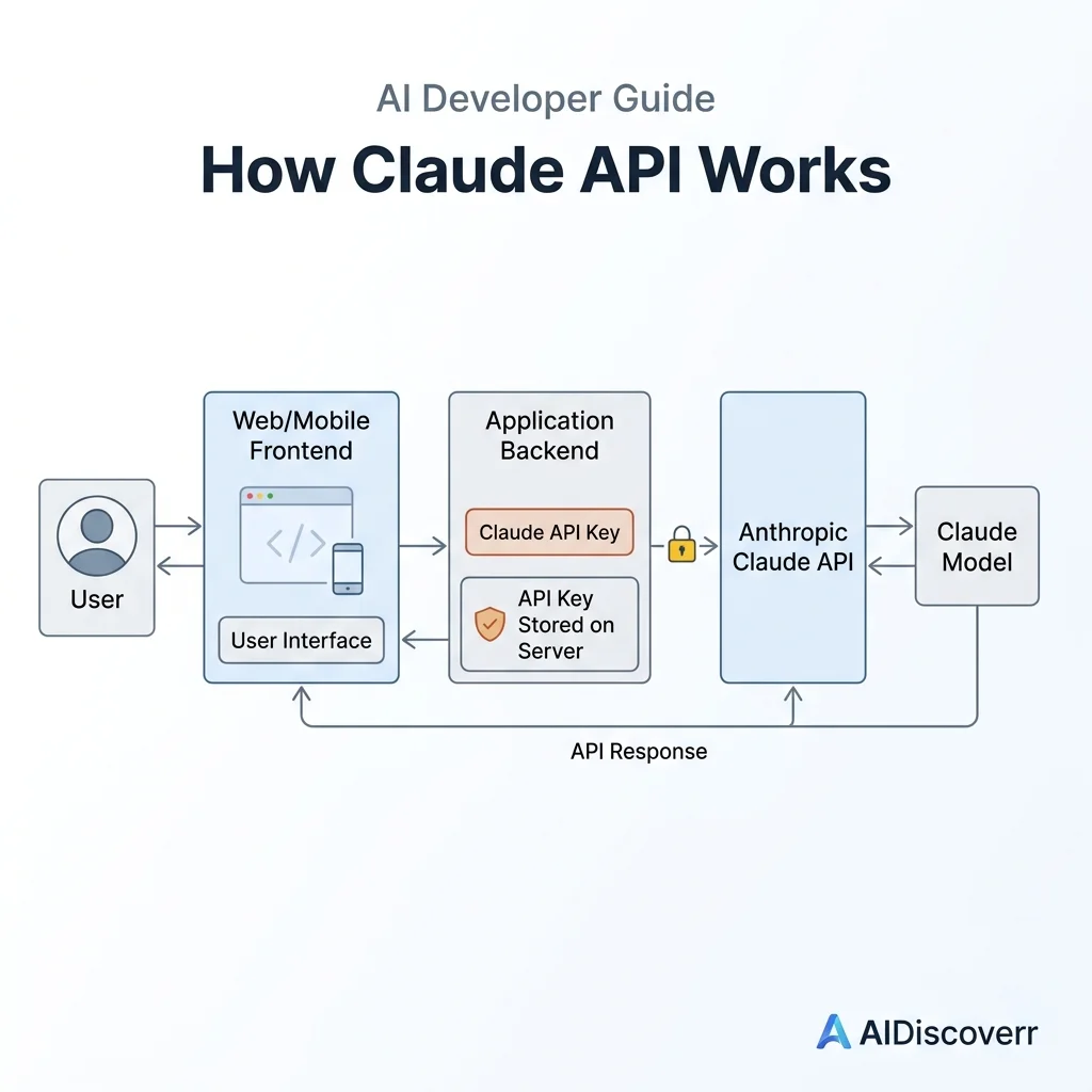 Claude API Security Architecture Diagram Claude API Architecture Diagram — Showing how the user interface communicates with a backend application server where the API key is securely stored before calling the Anthropic API