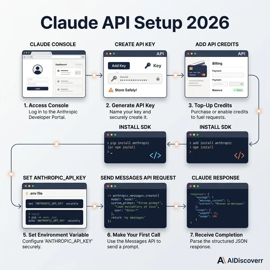 Claude API Setup Developer Workflow Claude API Setup 2026 Workflow Infographic — Showing step-by-step developer progression from Console setup to API key creation, SDK installation, and first message response