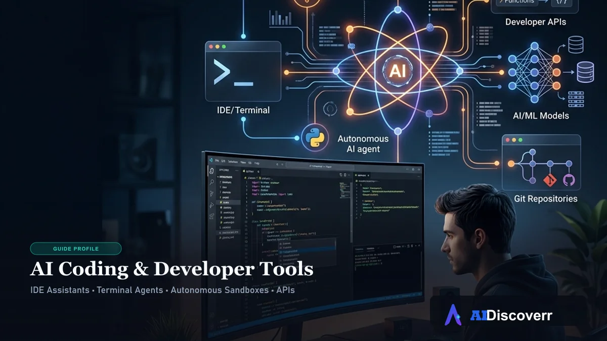 AI Coding & Developer Tools Ecosystem AI coding and developer tools guide showing modern coding workstation and autonomous agent ecosystem