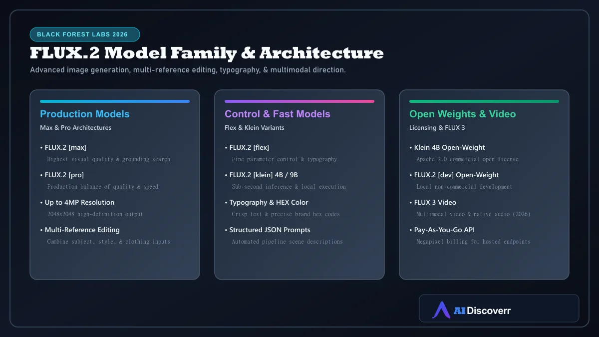 FLUX.2 model family architecture showing Max, Pro, Flex, Klein 4B/9B, Dev, and FLUX 3 Video