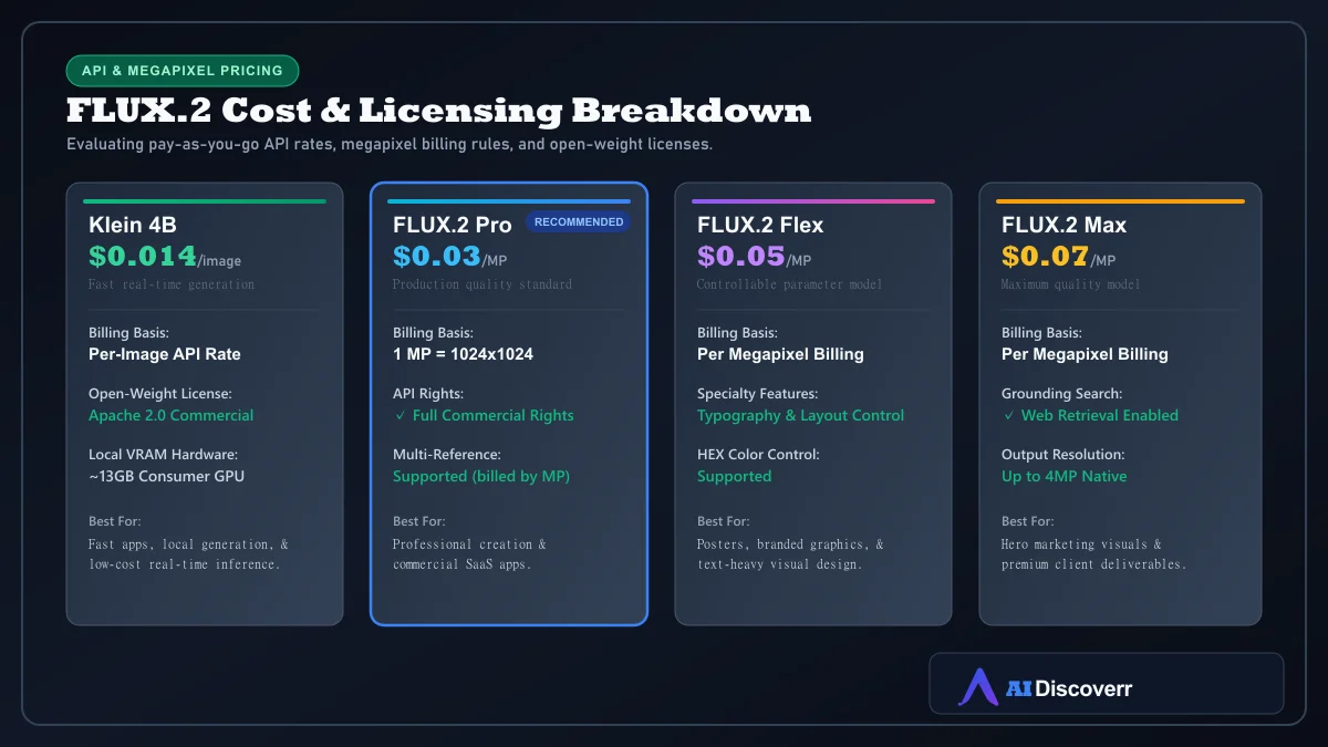 FLUX.2 pricing breakdown matrix showing Klein, Pro, Flex, Max, and open-weight licensing