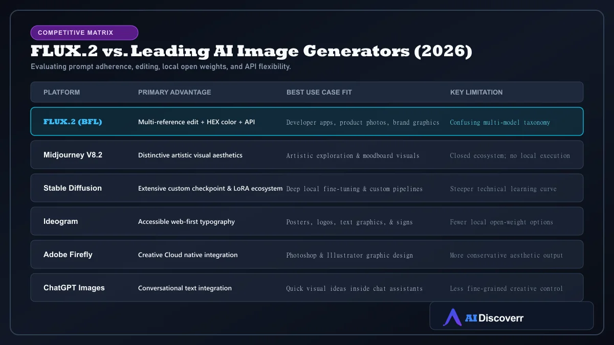 FLUX.2 vs Midjourney V8.2, Stable Diffusion, Ideogram, and Adobe Firefly comparison matrix