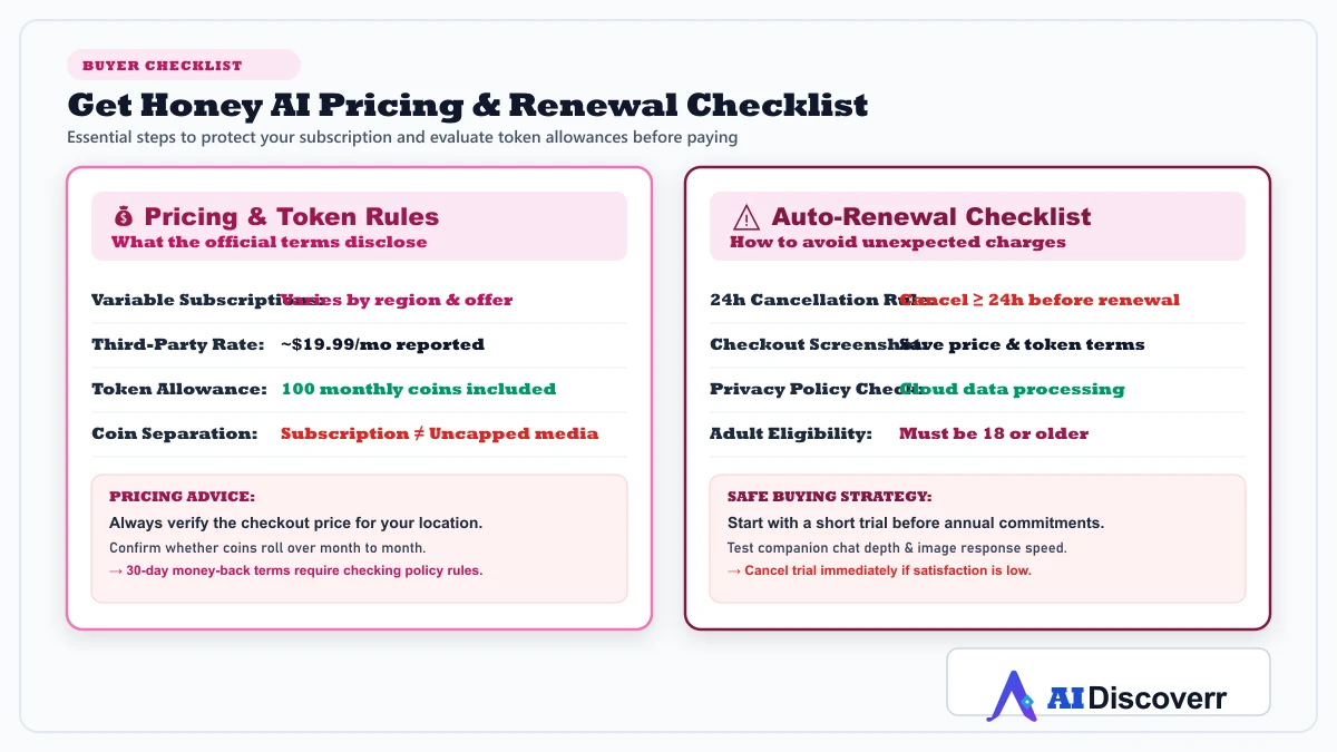 Get Honey AI Pricing, Tokens and Auto-Renewal Buyer Checklist