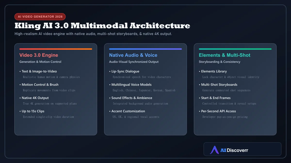 Kling AI 3.0 platform architecture showing video engine, native audio, Elements, and 4K output