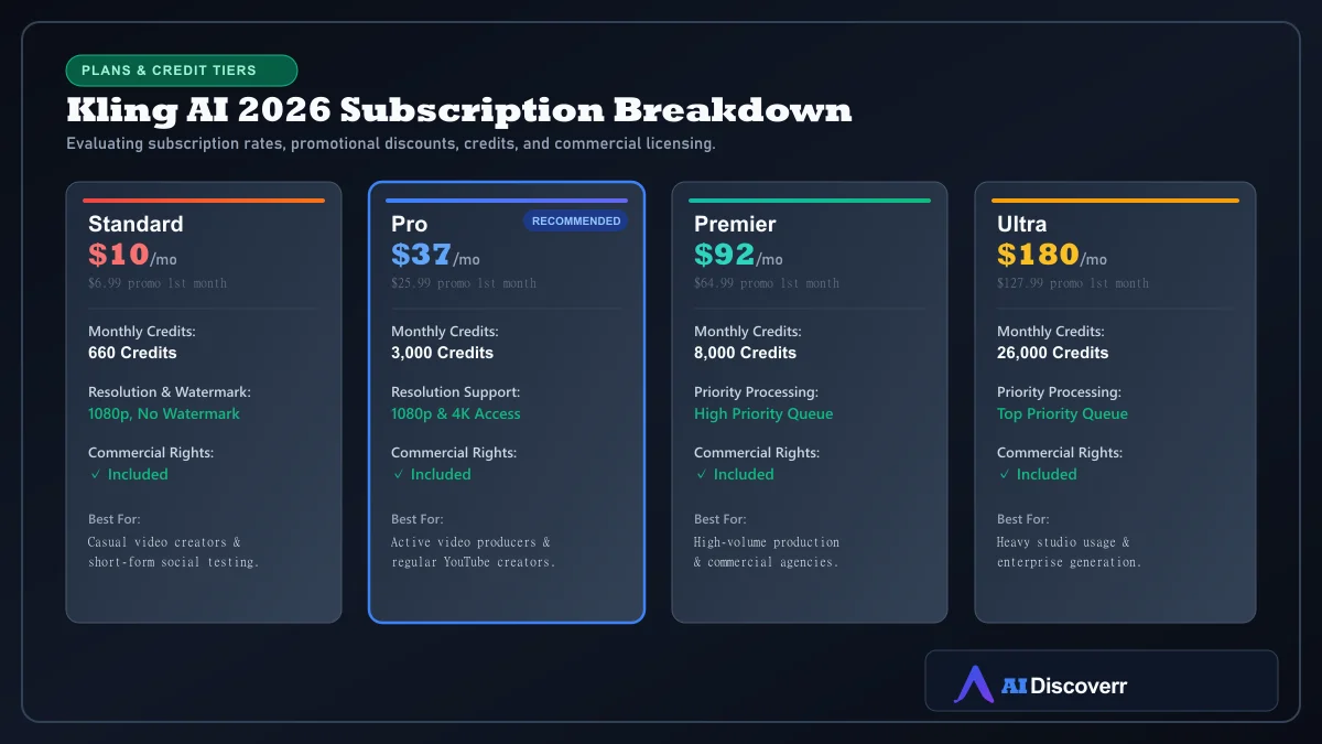 Kling AI 2026 subscription pricing matrix showing Standard, Pro, Premier, and Ultra plans