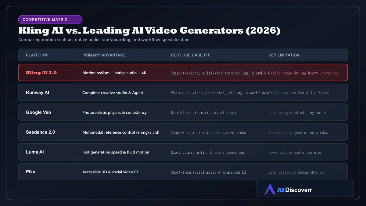 Kling AI vs Runway AI, Google Veo, Seedance, Luma AI, and Pika comparison matrix