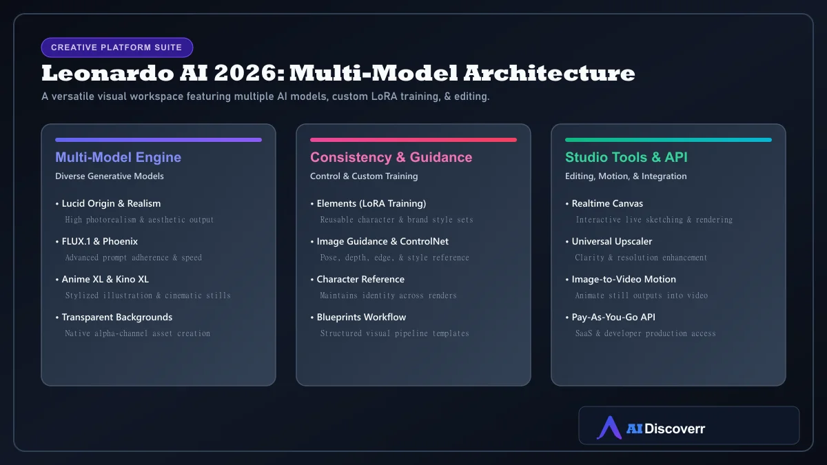 Leonardo AI 2026 platform architecture showing multi-model suite, Elements, Realtime Canvas, and API