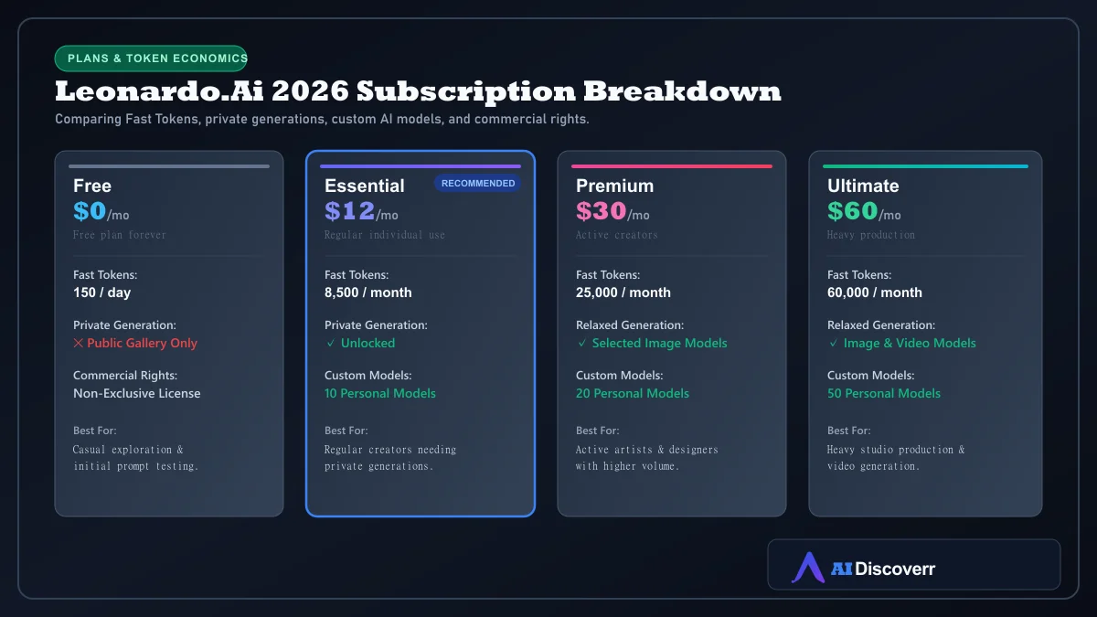 Leonardo AI 2026 subscription pricing matrix showing Free, Essential, Premium, and Ultimate plans