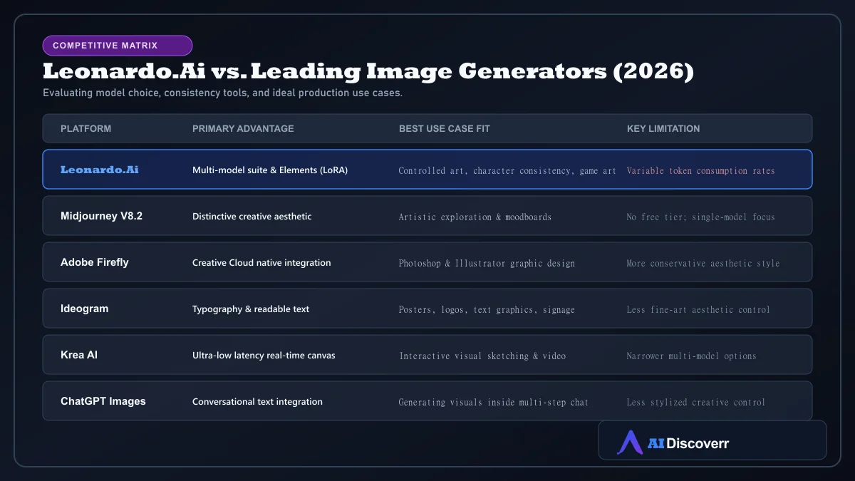 Leonardo AI vs Midjourney, Adobe Firefly, Ideogram, Krea, and ChatGPT comparison matrix