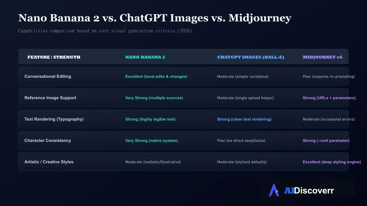 Nano Banana Competitor Comparison Nano Banana 2 vs ChatGPT Images vs Midjourney v6 Comparison Chart