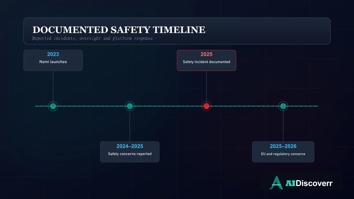 Nomi AI Safety Incident Timeline Nomi AI Documented Safety Timeline Infographic showing 2023 launches through 2025-2026 regulations