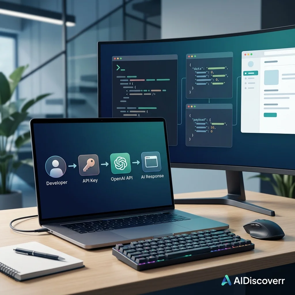 OpenAI API Setup Hero Illustration OpenAI API Setup Guide — Visually representing the secure development workflow from developer workspace to OpenAI API response
