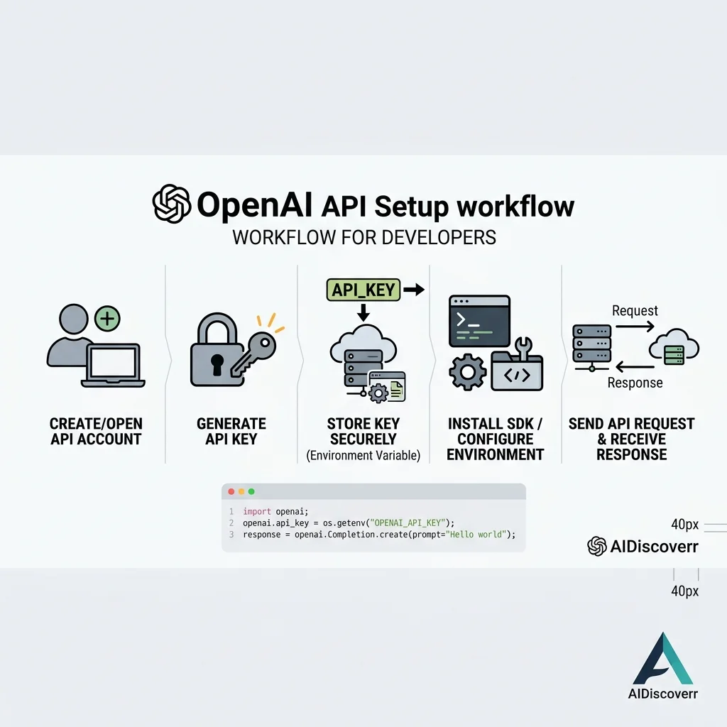 OpenAI API Developer Setup Workflow OpenAI API Setup Step-by-Step Workflow Infographic — Account creation, key generation, environment variables configuration, and initial API request