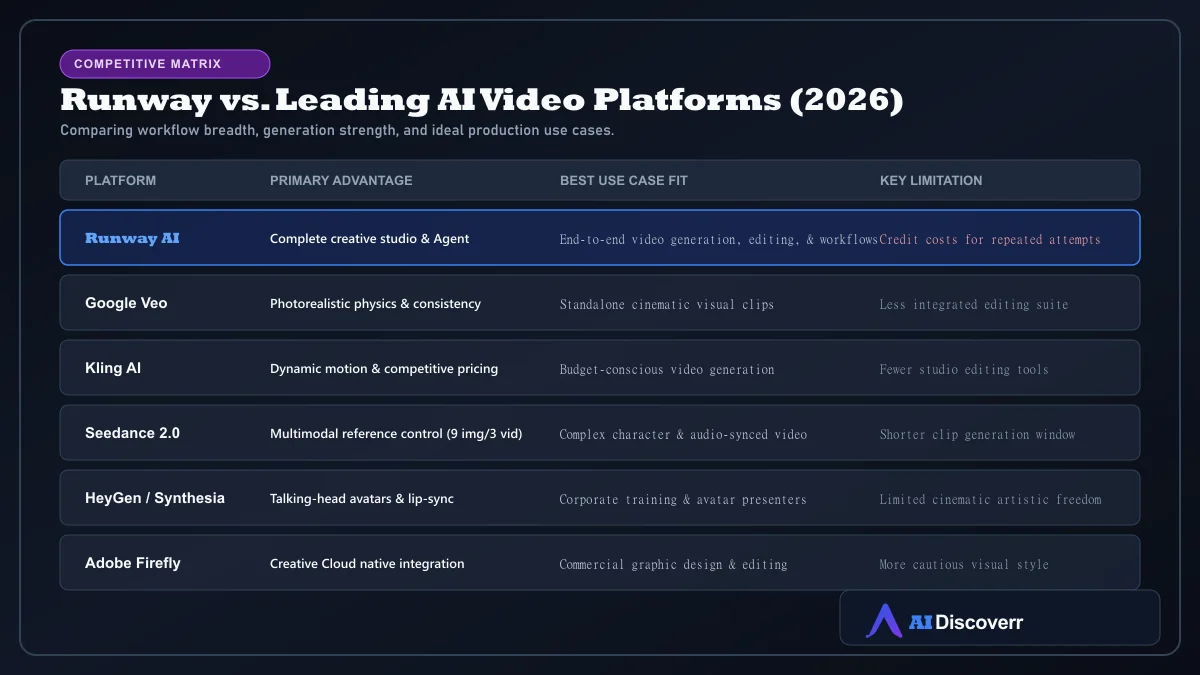 Runway vs Google Veo, Kling AI, Seedance 2.0, HeyGen, and Adobe Firefly comparison matrix