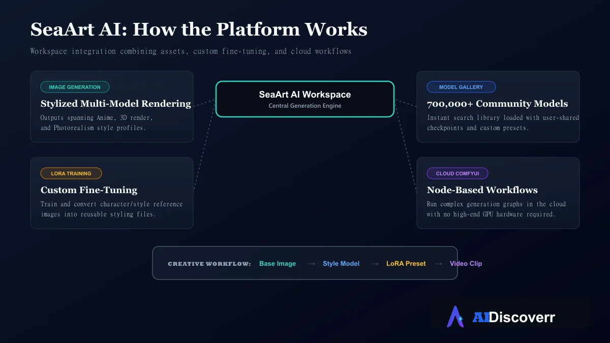 SeaArt AI: How the Platform Works SeaArt AI Workflow & Feature Ecosystem — How the platform combines models, custom training, node-based workflows, and video creation