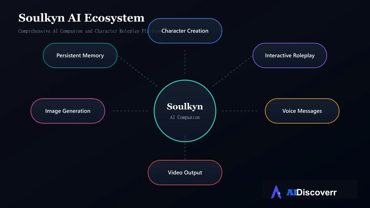 Soulkyn AI Ecosystem Soulkyn AI character companion platform workflow showing chat, memory, image, voice, and video features