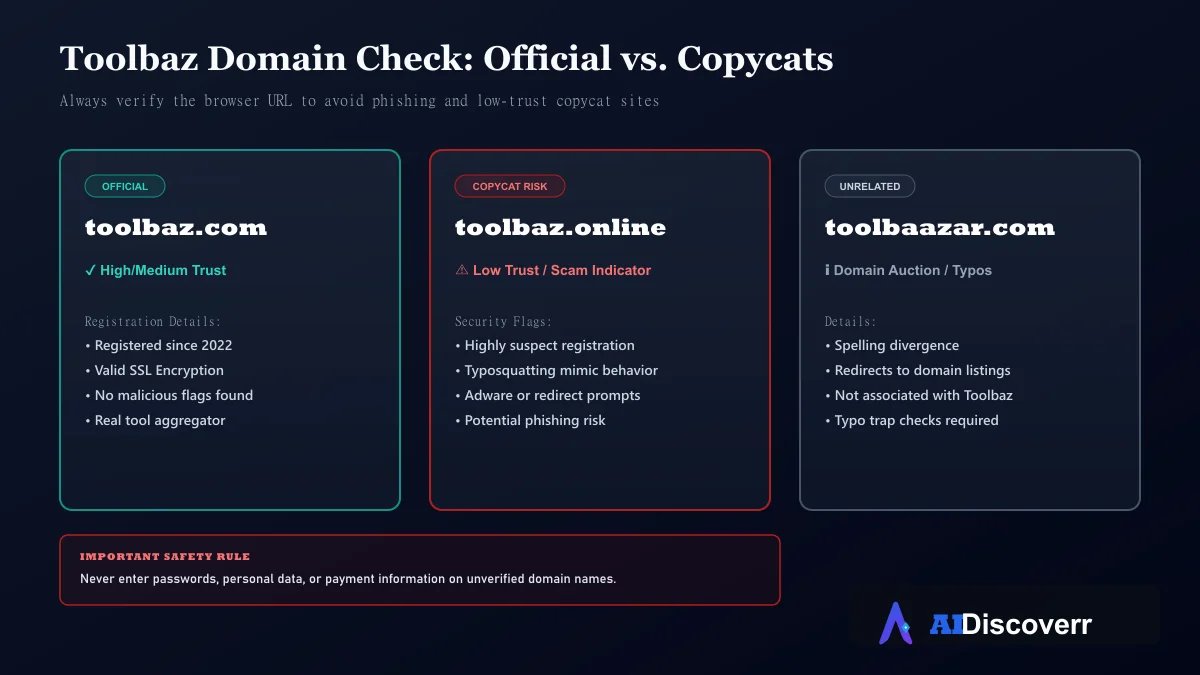 Toolbaz Domain Check: Official vs. Copycats Toolbaz Legitimacy Check: Official vs. Copycat Domains — A comparison of toolbaz.com, toolbaz.online, and toolbaazar.com
